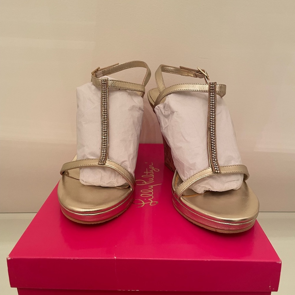 Lilly Pulitzer Maxine Gold Wedge Sandals Size 9M